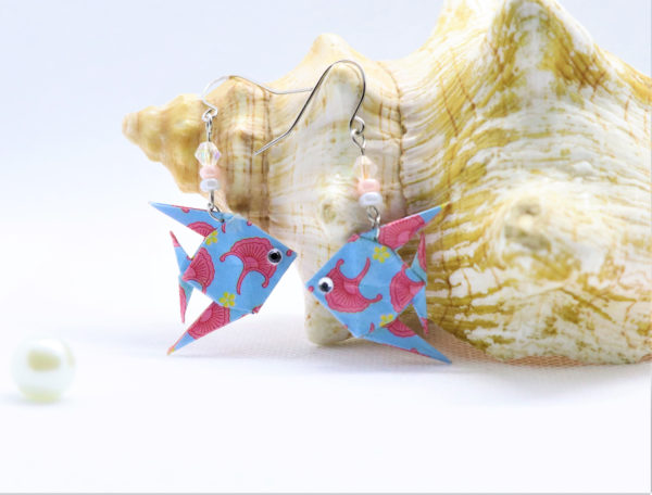 Boucles d'oreilles poissons bleu en origami